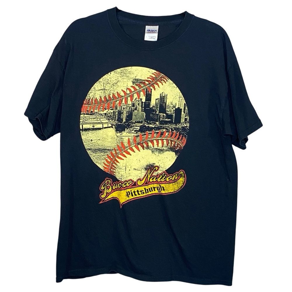 Vintage Pittsburgh Pirates Baseball Tee Black Gold Short Sleeve Mens Size Large